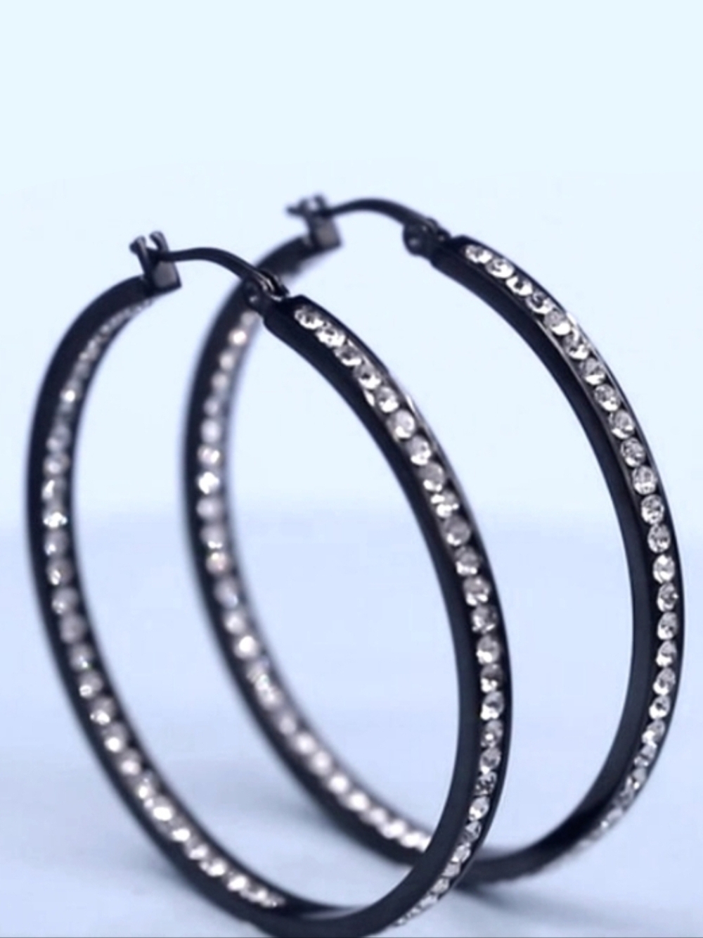 Black Metal Hoops Clear Rhinestone Hoop Earrings Sparkle Cz Pave Crystal Channel